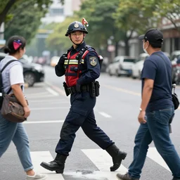 a Patroller using their patroleon to help someone across the road