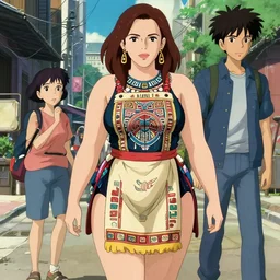 a beautiful plus sized model hitomi tanaka emma watson, alluring plus sized model, wearing mayan leotard with elegant mayan apron loin cloth skirt, modern street wear street fashion with mayan patterns, aztec street fashion, gapmoe yandere grimdark, trending on pixiv fanbox, painted by greg rutkowski makoto shinkai takashi takeuchi studio ghibli, akihiko yoshida