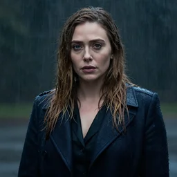 dramatic portrait of Elizabeth Olsen in the rain