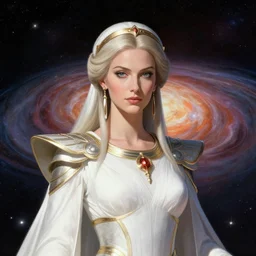 portrait of the powerful empress of the solar system in the style of alex ross and in the style of donato giancola. glowing, ornate and intricate linework, sharp focus, depth of field, stunning, dynamic lighting, ultrafine and hyperdetailed.