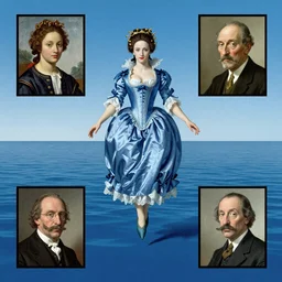 Marie Antoinette levitating over the sea. El Greco, Remedios Varo, Salvador Dali, Carl Gustav Carus, John Atkinson Grimshaw. Blue tint. Symetrical, logo, geometric shapes.