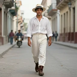 a young man wearing a canotier cuban hat, crisp white linen shirt and slacks, leather boots, walking in a havanese stree in 1 9 0 0, genndy tartakovsky, atey ghailan, goro fujita, studio ghibli, rim light, mid morning lighting, clear focus, very coherent
