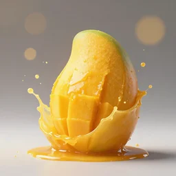 a mango split in half with juice splashing out, food photography, centered, bokeh, studio lighting, advertisement