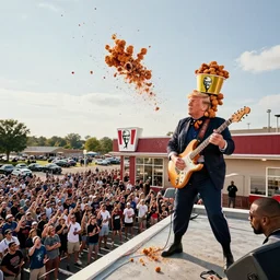donald trump shredding on an electric guitar on the roof of a kfc, marshall stack with a bucket of chicken on top, a huge crowd gathers in the parking lot below, kanye west is in the crowd. art by greg rutkowski and glenn fabry, sony a 7 iii, f 3. 5, heavy metal chicken ad