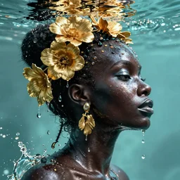 hyperrealistic post - dada cinematic very expressive! profile black oshun goddess, head emerging from water!!, mirror dripping droplet!, gold flowers, highly detailed face, digital art masterpiece, smooth eric zener cam de leon, dynamic pearlescent teal light, low angle uhd 8 k, sharp focus