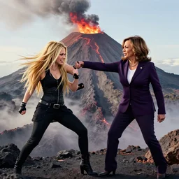 highly detailed, avril lavigne punching kamala harris in a volcano, 4 k