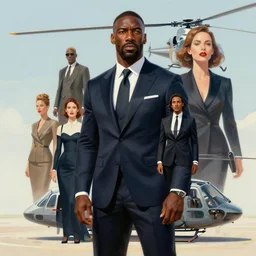 idris elba as james bond, 0 0 7, concept art, poster, spies and woman in formal wear character montage, helicopter, organic painting, sunny day, matte painting, bold shapes, hard edges, street art, trending on artstation, by huang guangjian and gil elvgren and sachin teng, carl spitzweg, ismail inceoglu, vdragan bibin, hans