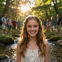 big - eyed mila kunis summer princess smiling intensely into the camera, sun - rays through canopy, gentle sparkling forest stream, sundown golden hour firefly wisps, focal length : 2 0 0. 0 mm, steve hanks, charlie bowater, mark brooks, steve henderson, justin gerard, mark keathley, victor nizovtsev, tom bagshaw, krenz cushart, ross tran