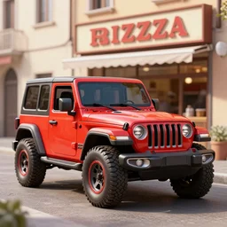 Abstract Jeep Wrangler inspired by Italian pizza sauce, in front of a pizza shop in Italy, 4k, octane render, highly detailed