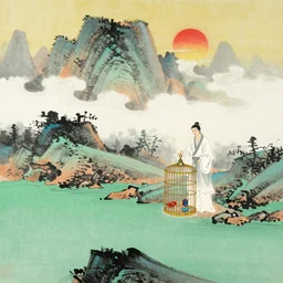 chinese shanshui paiting, flowing clouds to the west, brushing across a pool of fresh green, the setting sun is like wearing a brocade cage and white clothes