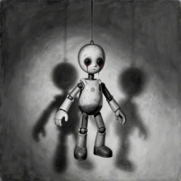 a painting of a marionette puppet hanging limp with blood running from his eyes, by greg rutkowski, horror themed, stark light and shadows, grayscale