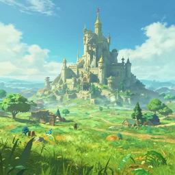 a hyperrealistic digital matte painting of a verdant fantasy countryside, breath of the wild, hyrule, very far royal steampunk castle, cgsociety, highly detailed, trending on artstation, azure sky