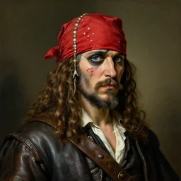 detailed portrait of a pirate, red bandana, leather coat, eye patch and a scar on the face, blue eye, white beard, classic portrait composition, classic fantasy illustration, very masterful, by georges de la tour