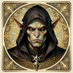 head-on symmetrical centered painted portrait, male goblin orc rogue assassin, art nouveau, tarot card style, complex fractal tarot card background, fantasy, intricate, elegant, highly detailed, smooth, sharp focus, illustration, artstation, in the style of Artgerm and Anna Podedworna and Alex Ross and Mucha