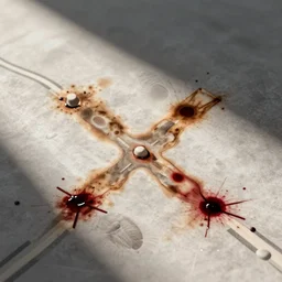 a burned roadmap covered in blood and coffee stains, fingerprints. X marks the spot.