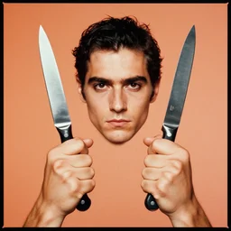 extremely detailed studio photograph of hands : holding knives :. surreal photograph, lo - fi, polished look, solid background, silly and serious, hermes ad, fashion photography, toiletpaper magazine by pierpaolo ferrari and maurizio cattelan, 3 5 mm photograph, colourful, david lachapelle, canon eos c 3 0 0, 8 k, medium - format print