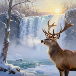 the most beautiful panoramic landscape, oil painting, where a giant dreamy waterfall is frozen, the trees around have snow over their leafs, a majestic deer is in close - up and is exhaling steam, the ray lights of the sunrise are brightening him, by greg rutkowski