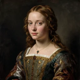 young woman in medieval dress, art by jan van eyck,