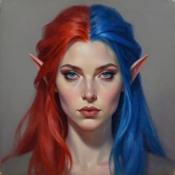 A detailed matte oil on canvas head on symmetrical portrait of a distinguished elven woman  with left red and right blue hair (((((makeup))))) by Charlie bowater and lise deharme wlop, trending on artstationhd,  dungeons and dragons art critical role