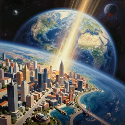 A beautiful painting of the brilliant of human civilization, the coastal metropolis, forcibly created as the last frontier of humanity because of the disaster of planetary scale, which caused the appearance of a huge gap in space over the planet earth