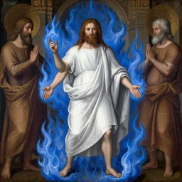 hank hill wearing a white toga surrounded by blue fire and blue flames, renaissance religious painting, late gothic religious paintings, byzantine religious art, painting by duccio di buoninsegna and carlo crivelli, trending on artstation
