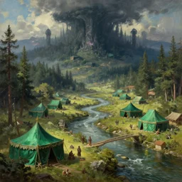 fantasy medieval river village, with silky emerald green roman soldier tents, massive magic dark forest in the distance, surrounded by pine trees, artstation, unreal render, 8 k, oil painting, painted ruan jia raymond swanland lawrence alma tadema zdzislaw beksinski norman rockwell tom lovell alex malveda greg staples