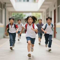 kids running down a school alleyway in a hype, photorealistic, 4k, award-winning