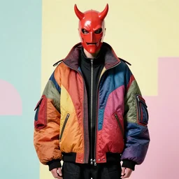 model in plastic devil mask wearing baggy colorful 9 0 s jacket by rick owens. magazine ad. pastel brutalist background.