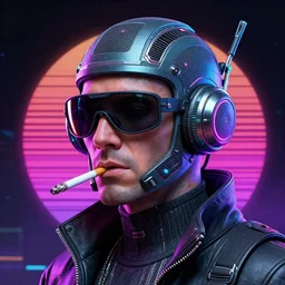 a man wearing a futuristic headpiece with a cigarette in his mouth, cyberpunk art by Beeple, zbrush central contest winner, retrofuturism, darksynth, synthwave, retrowave