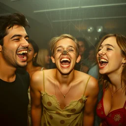 a ultra high resolution people at a party standing in front of the camera. their faces are partially covered by spiders that exit from their mouths while they laugh loudly. kodak etkar 1 0 0.