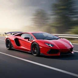 Lamborghini Aventador LP 700-4 in red with pearl effect with purple spoilers on a sunny highway, side view concept art 3D digital art product design render in light room photo studio, octane rendering, dramatic lighting, HDR, VRAY 2k render, ray tracing