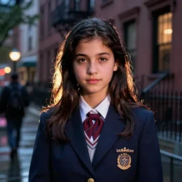 night flash portrait photography of a catholic high school girl in uniform on the lower east side by annie leibovitz, colorful, nighttime!, raining!