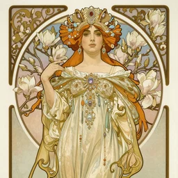 realistic detailed Art Nouveau lithograph portrait of Jennifer Connelly wearing a flowing medieval dress and an elaborate jeweled headdress, surrounded by blossoming magnolia branches by Alphonse Mucha and Mark Brooks with elaborate frame border