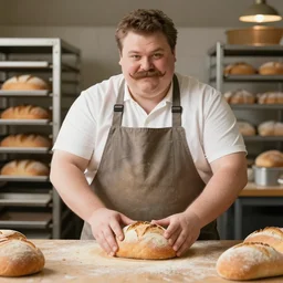 chubby mechanic with mustache baking bread