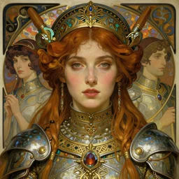 realistic detailed face portrait of a beautiful modest celtic priestess in opulent alien ritual armor by alphonse mucha, ayami kojima, amano, greg hildebrandt, and mark brooks, female, feminine, art nouveau, cyberpunk, neo - gothic, gothic, character concept design