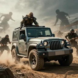 Mahindra thar, tribe members attacking, action scene, an epic fantasy, dramatic lighting, cinematic, establishing shot, extremely high detail, photorealistic, cinematic lighting, artstation, octane render, by simon stalenhag, shadow of the tomb rider
