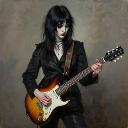 Goth girl playing electric guitar by Mario Testino, oil painting by Gottfried Helnwein, masterpiece