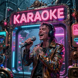karaoke in the future, neon, japan, punk, trending on artstation, deviantart, cinematic, steampunk, bladerunner, downpour, cyberpunk 2044