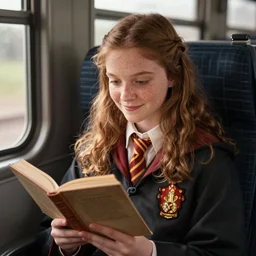 ultra realistic shot of luna lovegood from harry potter reading a book on a train seat, smooth freckles, precise, subtle smile