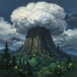 highly detailed illustration of a an old giant forest with fireflies and rain at night and lots of high exposure cummulonimbus clouds by makoto shinkai, by moebius, by oliver vernon, by joseph moncada, by damon soule, by manabu ikeda, by kyle hotz, by dan mumford, by otomo, 4 k resolution