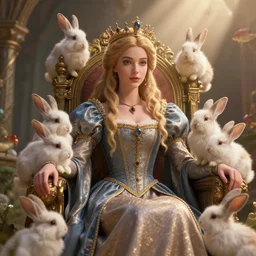 highly detailed closeup portrait of a fairytale medieval princess wearing a crown and sitting on a throne, surrounded by cute bunnies, unreal engine, nicoletta ceccoli, mark ryden, earl norem, lostfish, global illumination, god rays, detailed and intricate environment