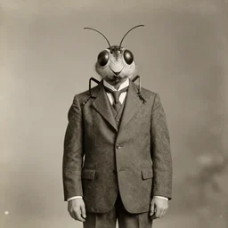 anthropomorphic insect, wearing a suit, vintage photograph, sepia