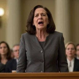 Movie still of a tired, old, and ugly Sheryl Sandberg standing up and raging at Congress in Facebook The Movie (2017), directed by Steven Spielberg