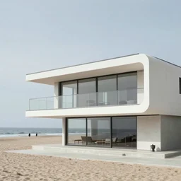 architecture ad for a mid-century modern house on the beach, designed by Kengo Kuma. Film grain, cinematic, yellow hue