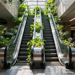 beautiful, sharp, vibrant, award - winning photograph of abandoned, overgrown with green plants escalator, daytime, natural sun light
