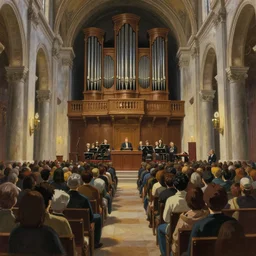 huge crowd listens to a hermeneutic pipe organ concert in a vast basilica, matte painting, scenic full shot, ambient lighting, by makoto shinkai, artgerm, oil painting by caravaggio and goya