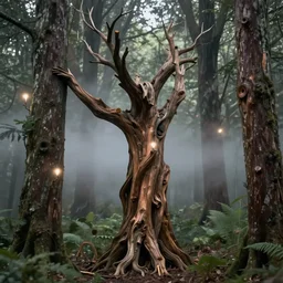 a wood spirit in the trees with misty will o the wisp, photorealistic, by wlop, 4 k resolution h 7 6 8