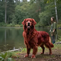 dark red golden retriever in forest lake, matte painting in 4 k, concept art width 1 0 2 4 with young woman