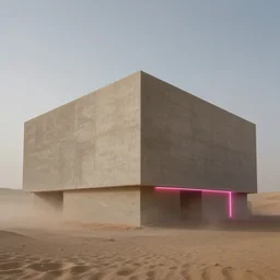 massive concrete building in a sandstorm, in the desert, neon lights, james turrel, minimalist architecture,