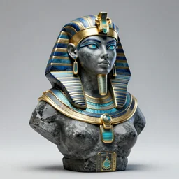 intricate realistic bust sculpture of futuristic digital obese angry egyptian beautiful girl empress, stone and glass and gold, blue and black, masterpiece